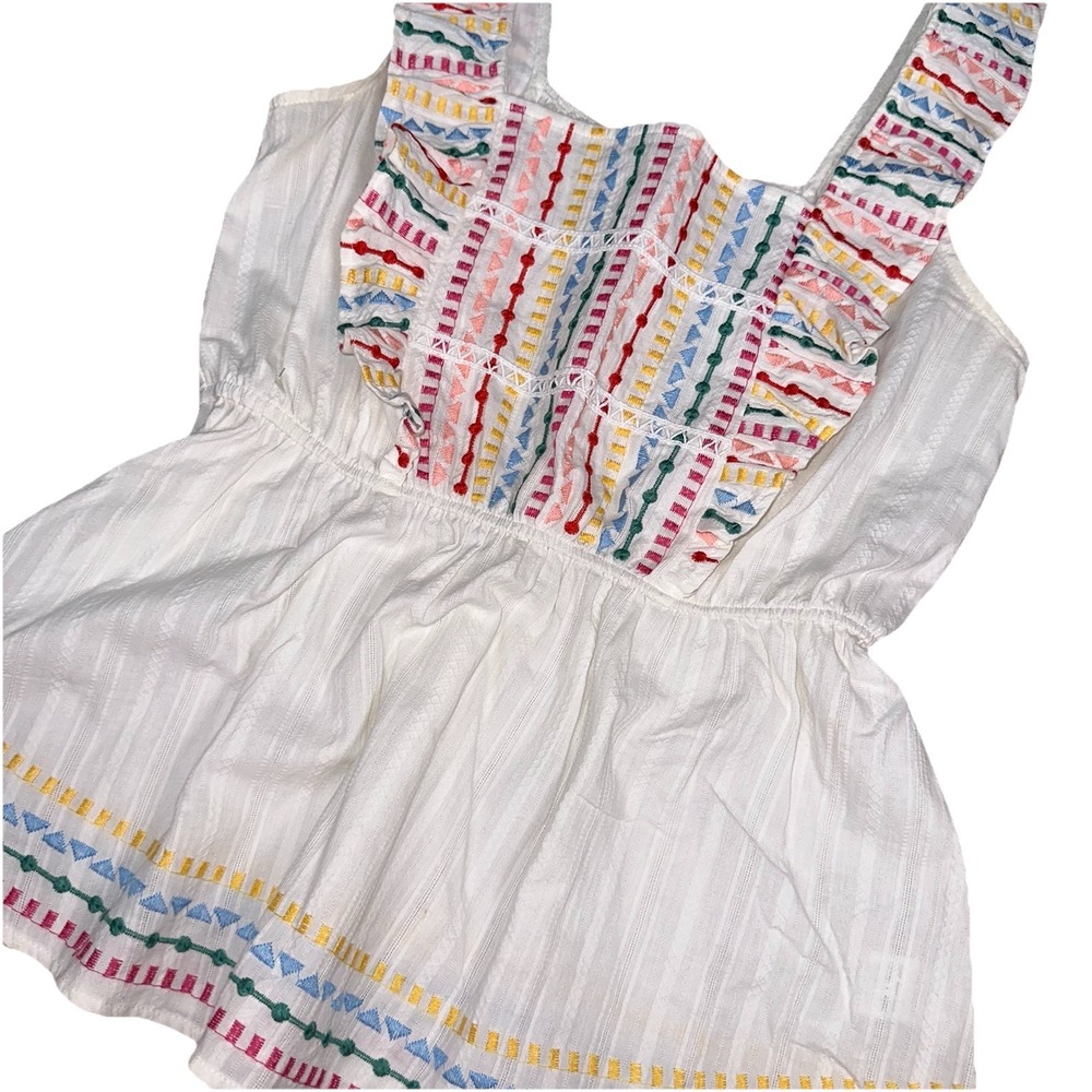 Savannah Jane White Embroidered Tank Top Sleeveless Ruffle Boho Tunic Women's M